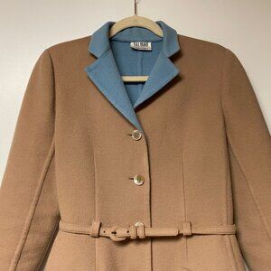 BILL BLASS Camel Belted Coat with Light Blue Lining Bergdorf Goodman